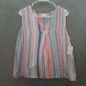 Time & Tru Shirt Womens Medium Multicolor Awning Stripe Linen Blend Coastal Top